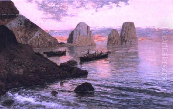 Coastal Scene In Capri Oil Painting by Giuseppe Giardiello