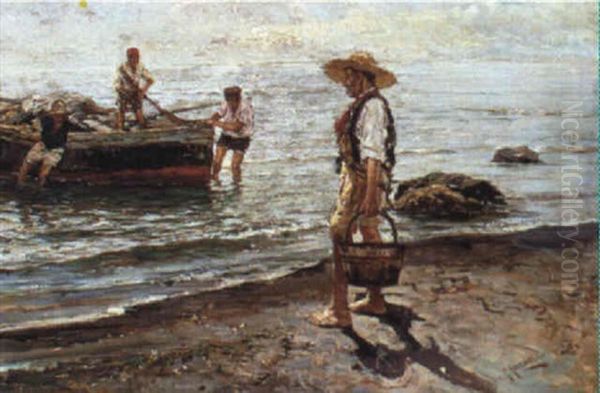 Fishermen On A Beach Oil Painting by Giuseppe Giardiello