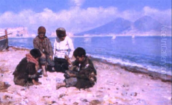 Beachboys Playing In The Bay Of Naples Oil Painting by Giuseppe Giardiello