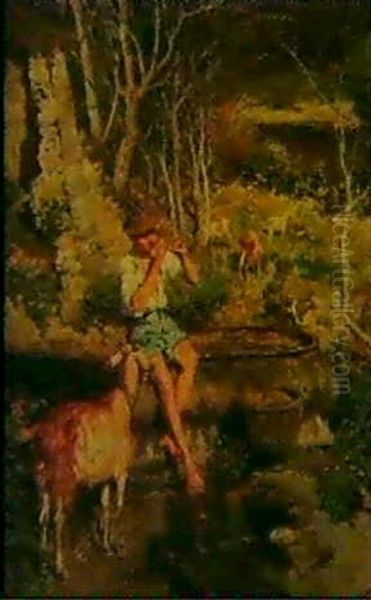 Goatherd Playing A Flute Oil Painting by Giuseppe Giardiello