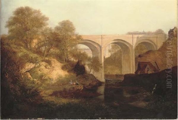 A View Of Dean Bridge, Edinburgh, With Figures On A Bank Oil Painting by Robert Gibb the Elder