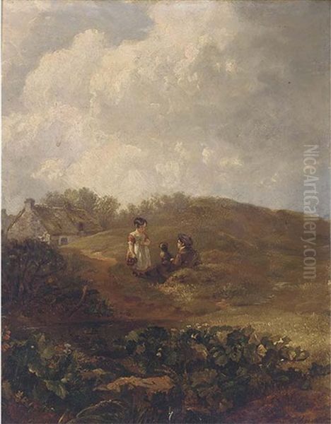 Children And A Dog In A Landscape Oil Painting by Robert Gibb the Elder