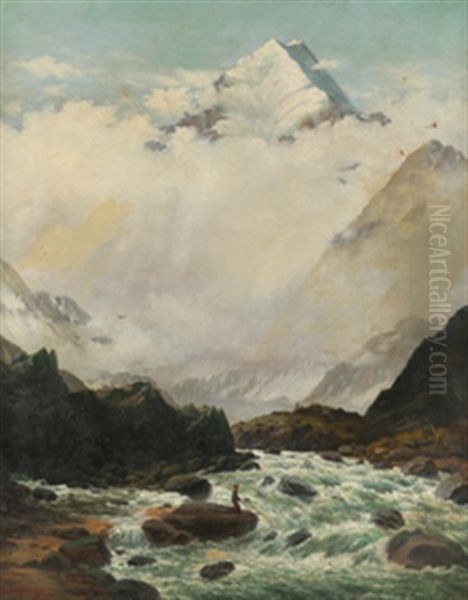 Fjellandskap Med Fisker Oil Painting by John Gibb