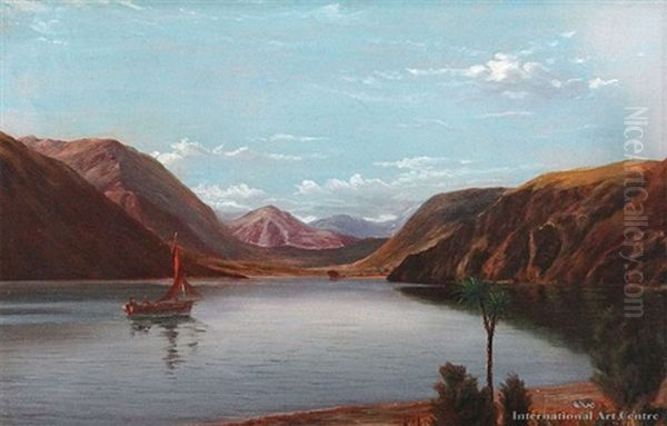 South Island Lake Scene With A Sail Boat Oil Painting by John Gibb