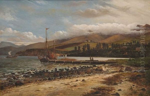 Loading Timber At Governor's Bay, Lyttleton Oil Painting by John Gibb