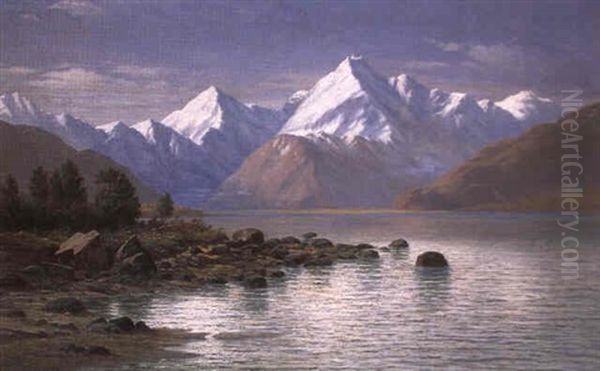 Evening Mount Cook From Big Island Lake Pukaki Oil Painting by John Gibb