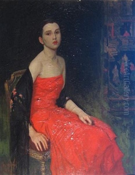 Portrait Of Sally Gibbs Mcclure In Red Dress Oil Painting by George Gibbs