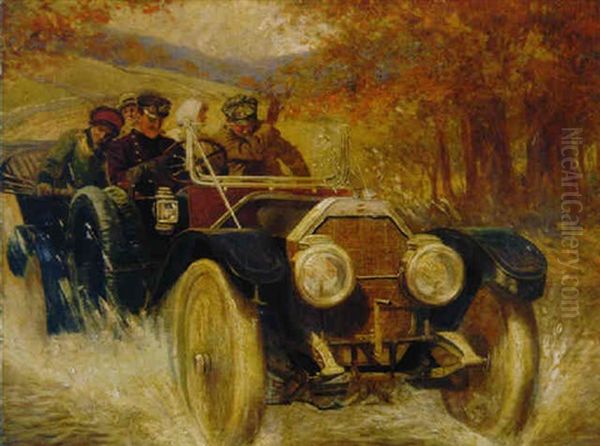 Motoring Through A Soggy Autumnal Landscape Oil Painting by George Gibbs