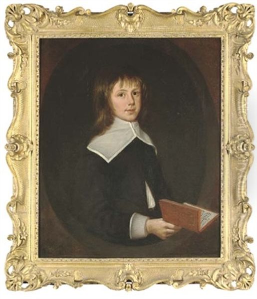 Portrait Of Thomas Oxenden Of Maydeken, Barham, Aged 9, Half-length, In A Black Coat With White Collar And Cuffs, Holding A Book In His Right Hand Oil Painting by Henry Gibbs