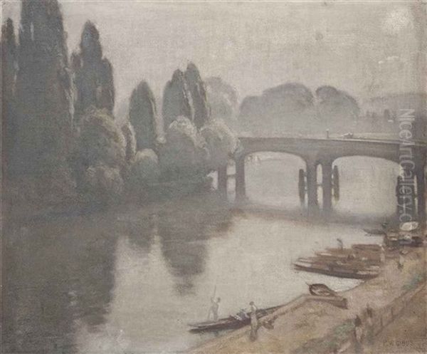 Punts On The Thames Before Hampton Court Bridge Oil Painting by Percy William Gibbs