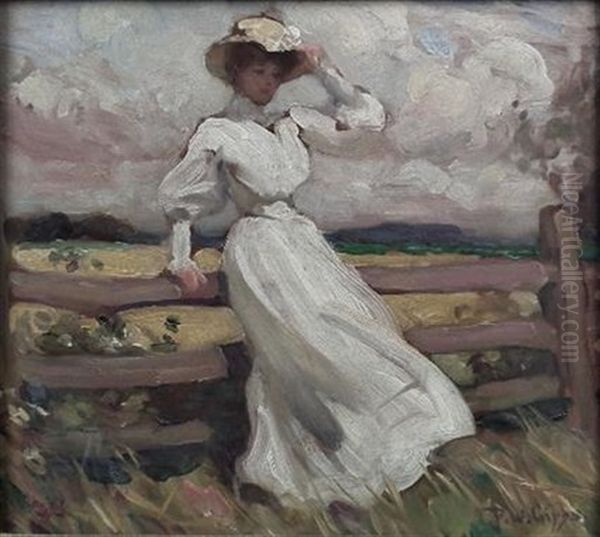 Girl In A White Dress And Straw Hat Leaning On A Fence Oil Painting by Percy William Gibbs