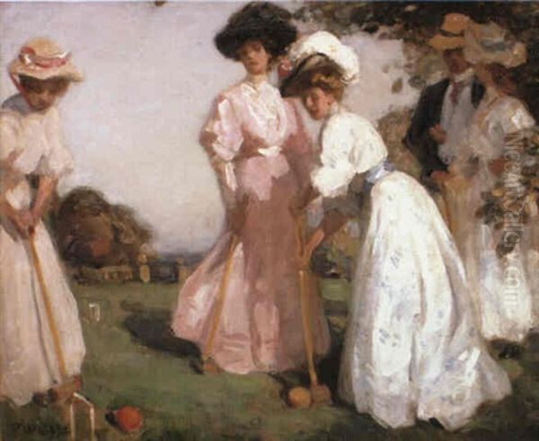 Ladies Playing Croquet Oil Painting by Percy William Gibbs