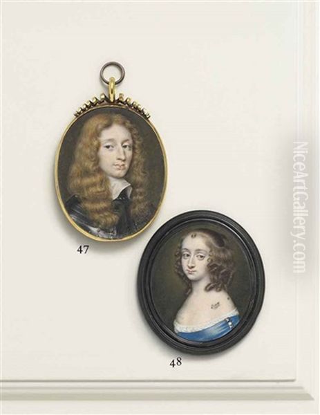 A Young Lady Previously Called Elizabeth Capell, Countess Of Carnarvon (1633-1678), In White Silk-bordered Blue Dress With Jewelled Brooch... Oil Painting by Richard Gibson