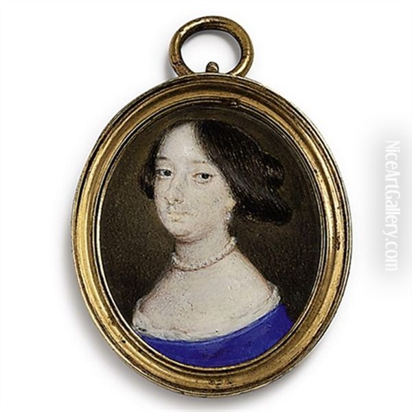 A Lady, In White-bordered Blue Dress, Pearl Necklace, Drop-pearl Earring, Dark Upswept Hair Oil Painting by Richard Gibson