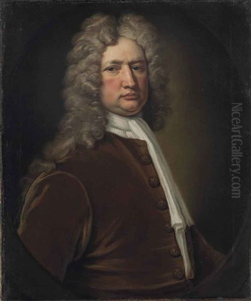 Portrait Of Admiral Sir Charles Wager (1666-1751), Bust-length, In A Brown Coat And White Cravat, In A Feigned Oval Oil Painting by Thomas Gibson