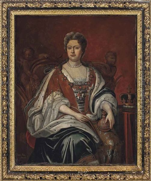 Portrait Of Queen Anne (1665-1714), Seated Three-quarter-length, In State Robes, Holding An Orb Oil Painting by Thomas Gibson