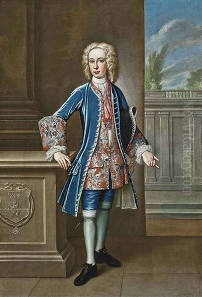 Portrait Of Antonio Niccolini Sirigatti, In A Blue Velvet Coat And Breeches, An Elaborate Embroidered Waistcoat, Wearing The Cross Of The Order Of Saint Stephen, In A Classical Garden Oil Painting by Thomas Gibson