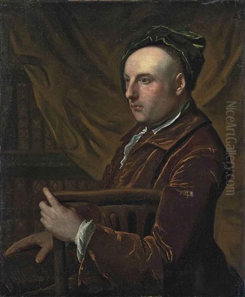 Portrait Of A Gentleman, Seated, In A Rust Coat And Green Cap, In A Library Oil Painting by Thomas Gibson