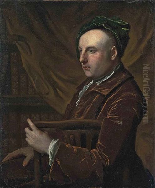 Portrait Of A Gentleman, Seated, In A Rust Coat And Green Cap, In A Library Oil Painting by Thomas Gibson