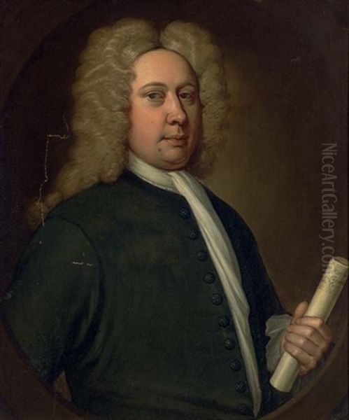 Portrait Of A Gentleman (member Of The Mitford Family?) In A Black Coat, Holding A Scroll Oil Painting by Thomas Gibson