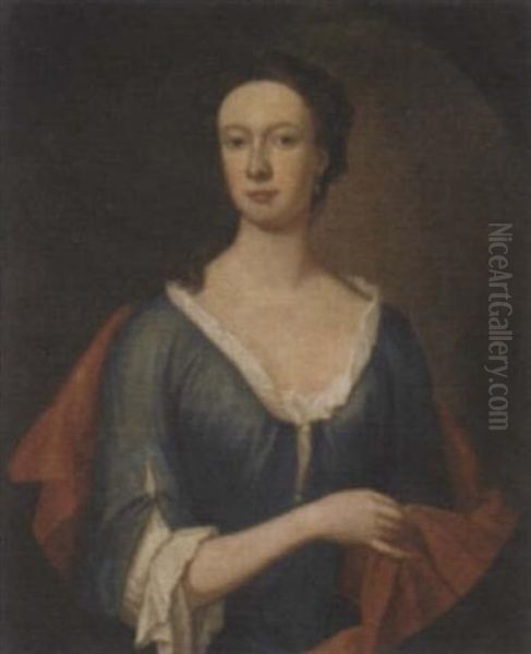 Portrait Of Frances Wynn In A Blue Dress And Red Wrap Oil Painting by Thomas Gibson