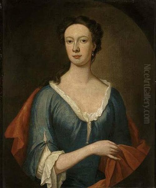 Portrait Of Frances Wynn In A Blue Dress And Red Wrap by Thomas Gibson