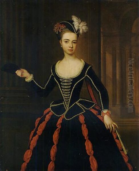 Portrait Of The Hon. Mrs. William Townshend In A Black And Red Masquerade Dress, Holding A Mask In Her Right Hand, A Classical Arcade Beyond Oil Painting by Thomas Gibson