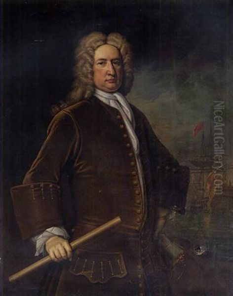 Portrait Of Vice-admiral Sir John Baker In A Brown Velvet Jacket Holding A Baton In His Right Hand With A Man-o'-war At Anchor Beyond Oil Painting by Thomas Gibson