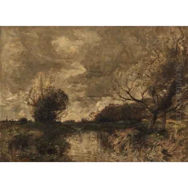 A River Landscape With A Village Oil Painting by William Alfred Gibson