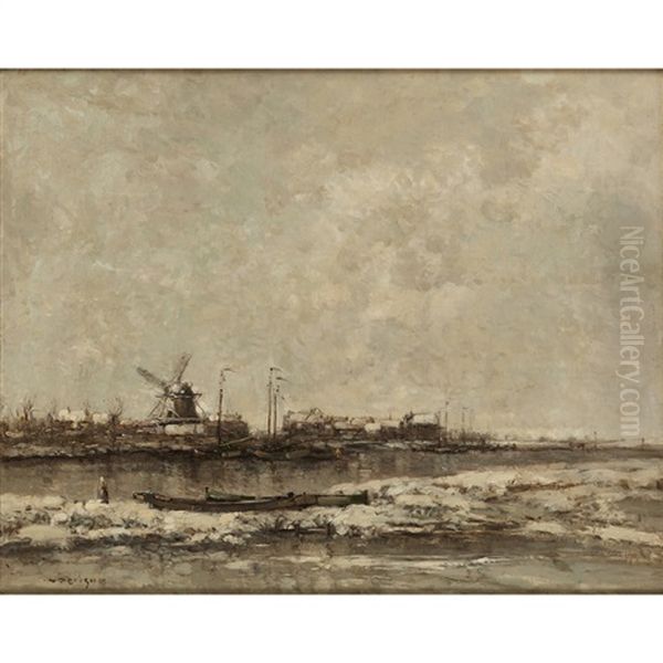 Snow Covered Dutch Canal Scene Oil Painting by William Alfred Gibson