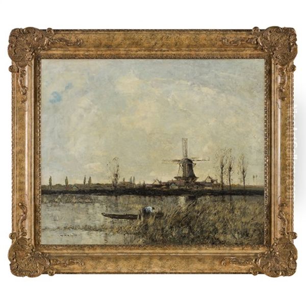 A Dutch River Landscape With A Figure In A Punt Oil Painting by William Alfred Gibson