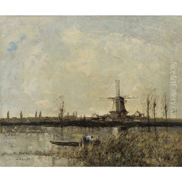 A Dutch River Landscape With A Figure In A Punt Oil Painting by William Alfred Gibson