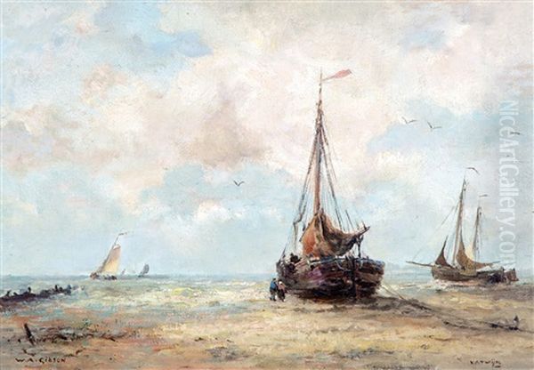 Bomschuiten Op Het Katwijkse Strand Oil Painting by William Alfred Gibson