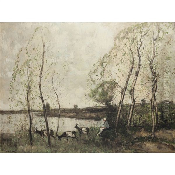 A River Landscape With Goatherd Oil Painting by William Alfred Gibson