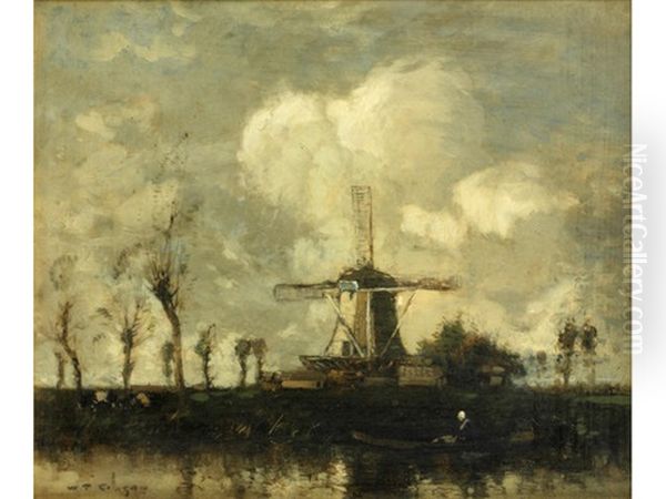 Dutch Windmill By A River Oil Painting by William Alfred Gibson