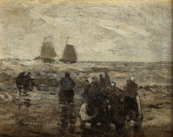 Fisherfolk On The Shore, Katowice Oil Painting by William Alfred Gibson