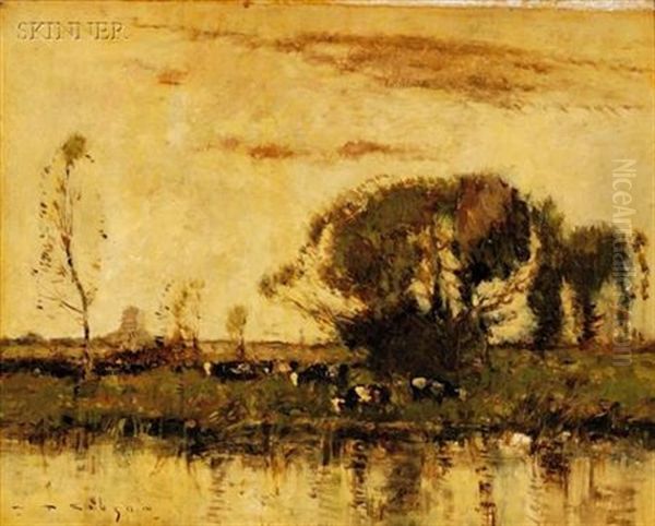 Evening - A View Of Cattle Along The River Oil Painting by William Alfred Gibson