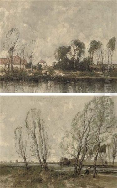 A Figure On A River Bank With Cottages Beyond (+ A Figure On A Riverside Track; Pair) Oil Painting by William Alfred Gibson