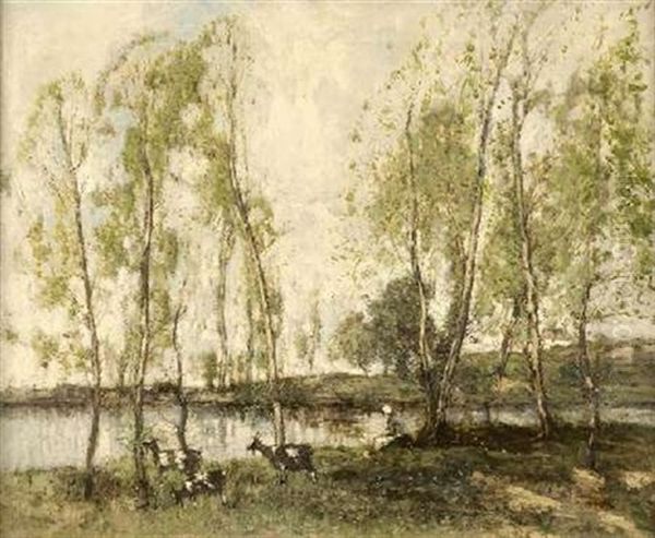 Goat Herd By The River Oil Painting by William Alfred Gibson