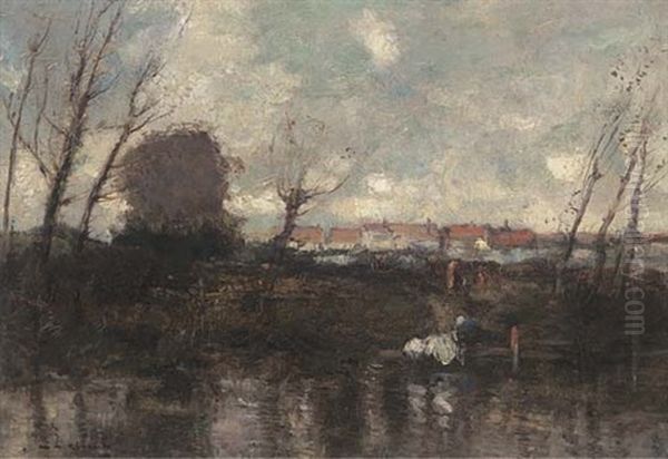 A Washerwoman On A Riverbank Oil Painting by William Alfred Gibson