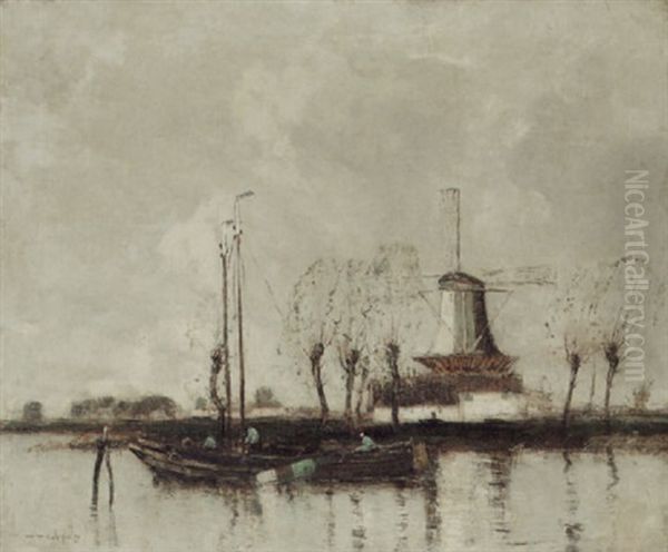 River Landscape With A Windmill Oil Painting by William Alfred Gibson