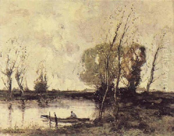 A Punt And Figure Moored By The River's Edge Oil Painting by William Alfred Gibson