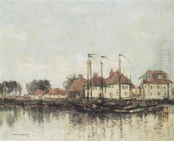 Fishing Boats On A Riverbank Oil Painting by William Alfred Gibson