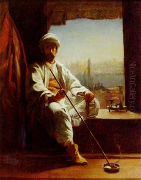 Man Smoking A Pipe, View Of Constantinople Beyond Oil Painting by Francois Theophile Etienne Gide