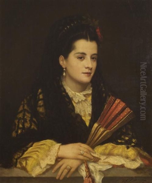 Portrait Of A Lady With Fan Oil Painting by Attilio Baccani