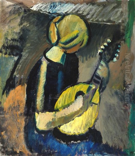 Siddende Mandolinspillerske (seated Mandolin Player) Oil Painting by Harald Giersing