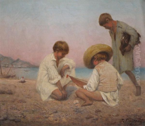 Three Boys On The Beach Oil Painting by Attilio Baccani