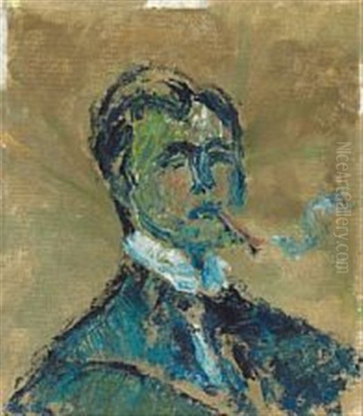 Self-portrait In Blue Oil Painting by Harald Giersing