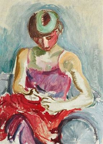 Dame I Neglige (dame I Rodt) (woman In Negligee - Lady In Red) Oil Painting by Harald Giersing