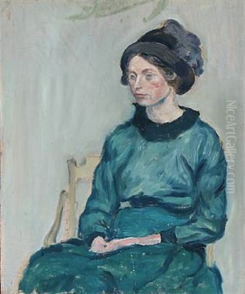 Ung Dame I Gron Kjole (portrait Of Else Sandholt) Oil Painting by Harald Giersing